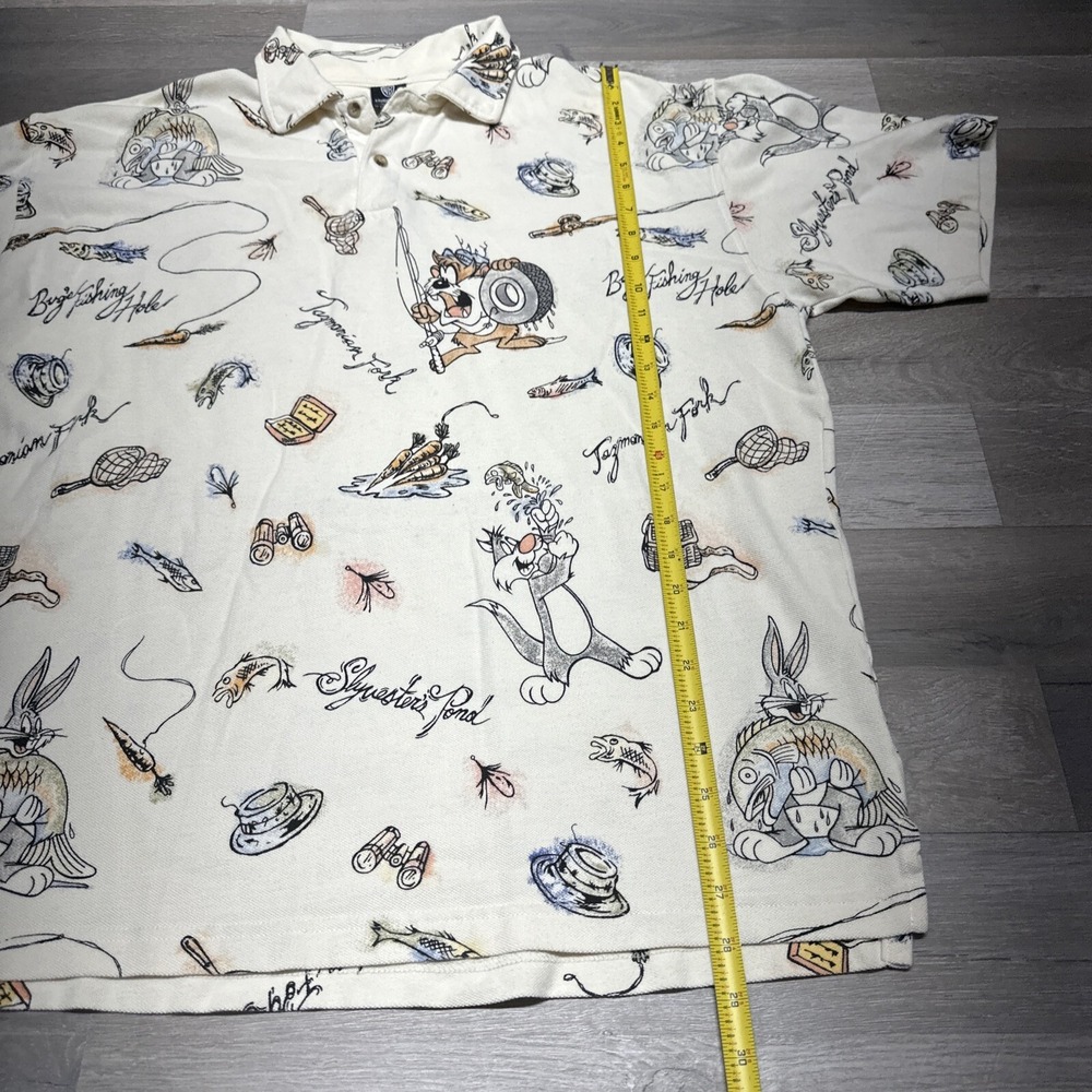 Warner Bros Men's Beige Polo Shirt Sz XL Taz Tazmanian Bugs Bunny All over Print - Picture 5 of 6